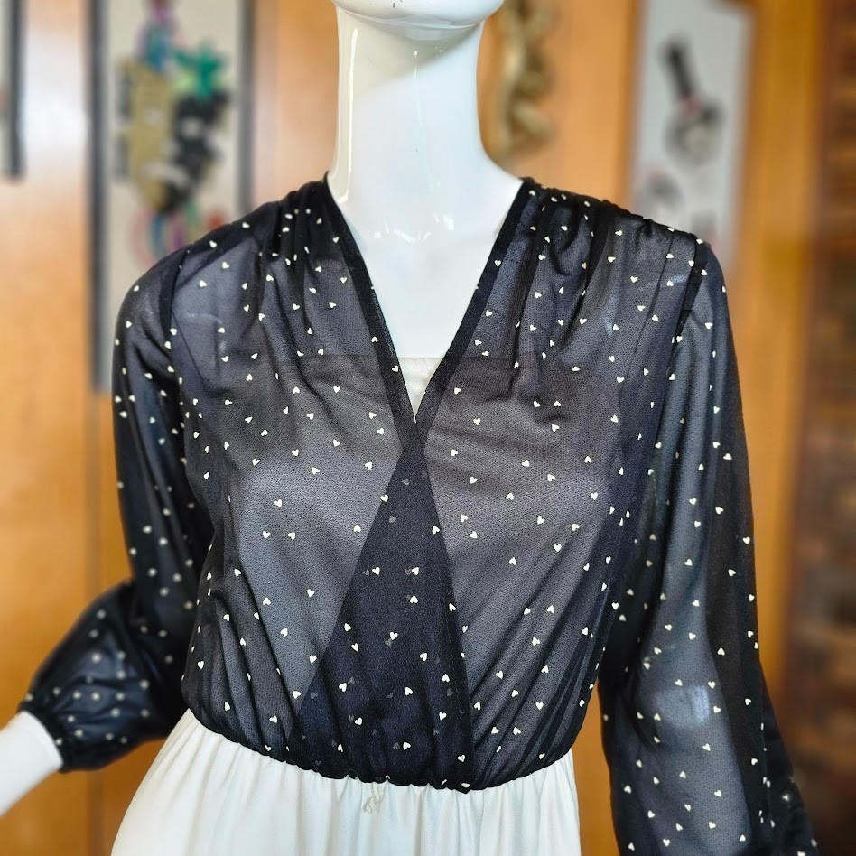 Vtg 70s Disco Hearts Print Bishop Sleeve Blouson Studio 54 Swing Dress XS/S/M