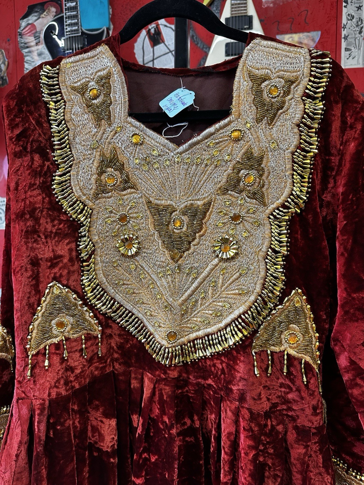 Handmade Women’s Red Velvet Gown Embroidered Beaded 1960’s Vintage Regal Costume
