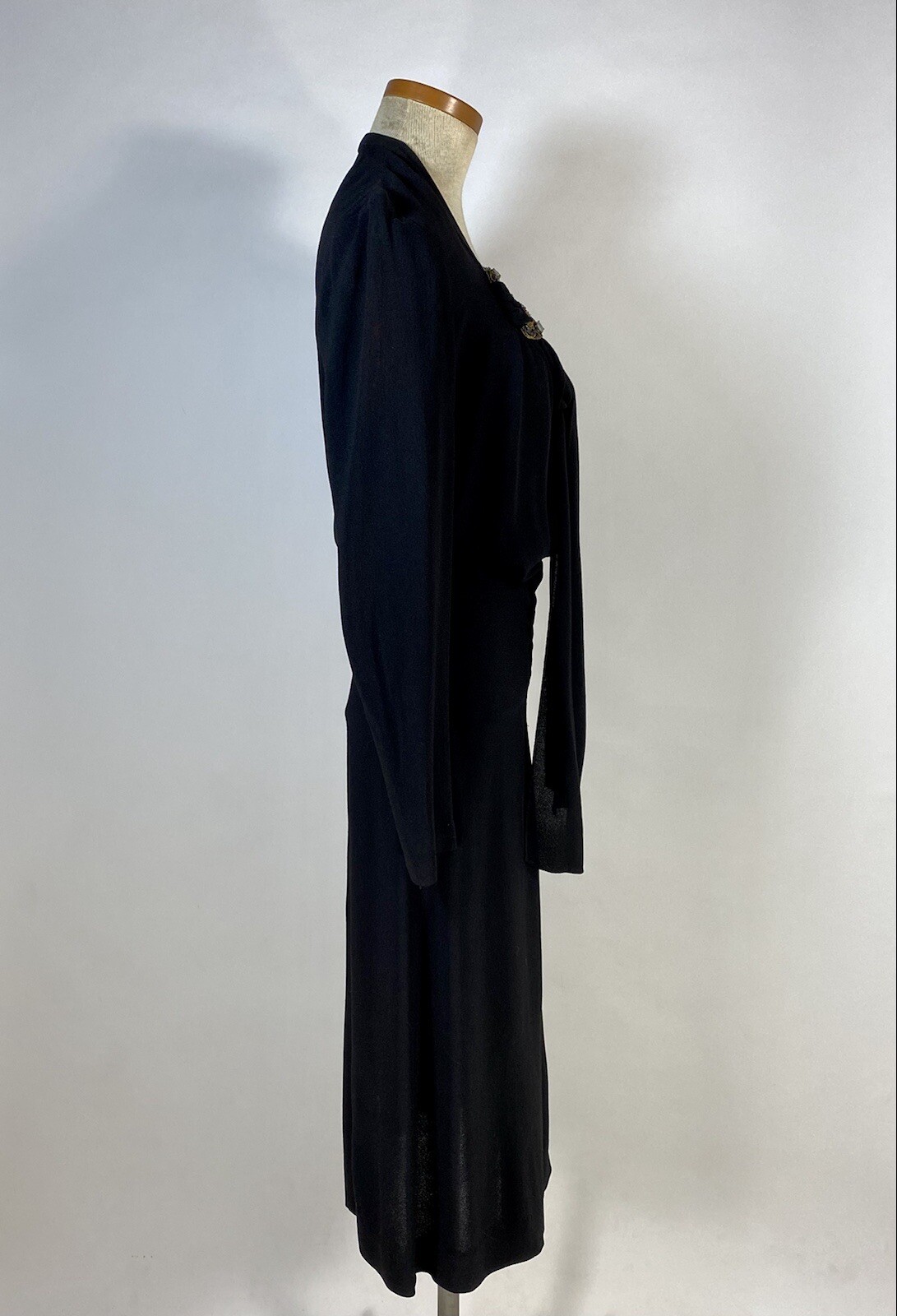 Vintage 1940’s black wool crepe dress with neckline tie & beading embellishment