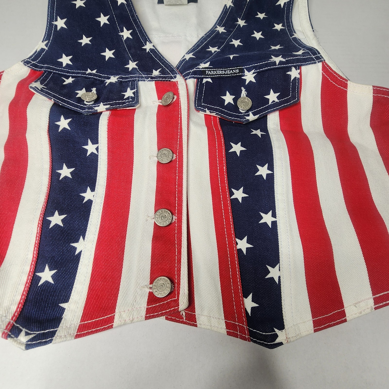 Vintage Parkers Jeans American Flag Vest Womens Large Denim Made in USA Button