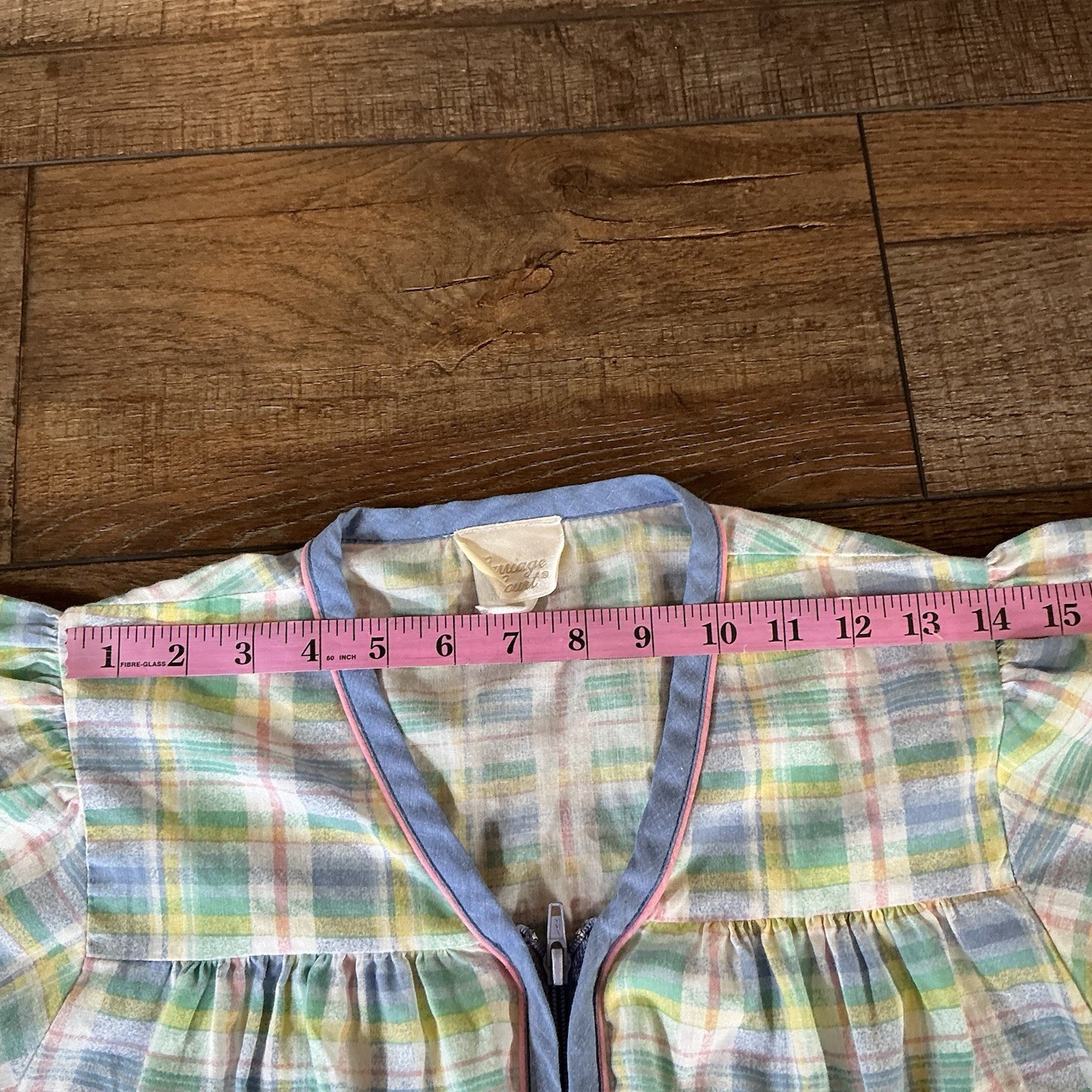 80s VTG Carriage Court Plaid Zip Front Housecoat Duster Women’s M Pastel #291125