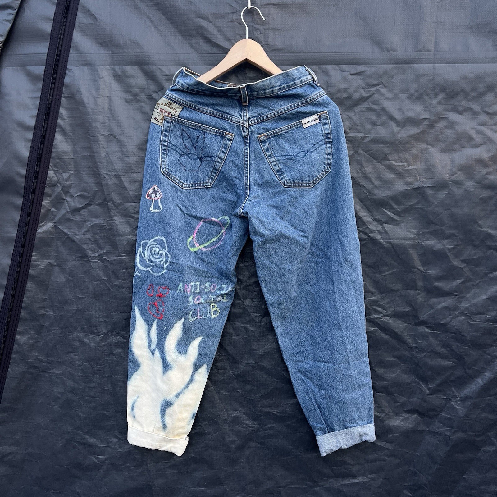 Custom embroidered upcycled custom Womens jeans 1 of a kind 27 Manager Vintage