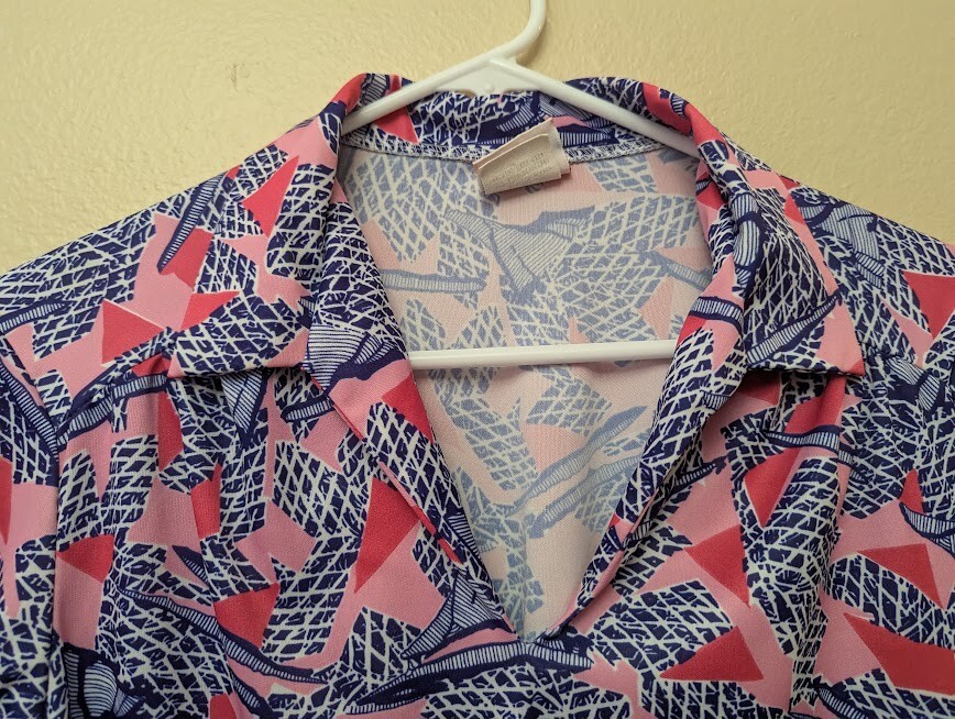 Vintage 70s Haband for Her Collared Geometric Long Sleeve Blouse Top Small Blue