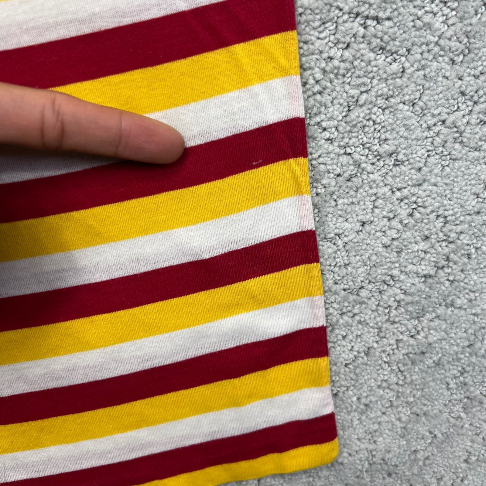 VINTAGE 80s Nick Names T-Shirt Womens Small Red Yellow White Striped V-Neck
