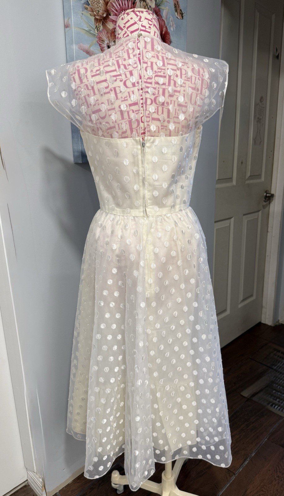 1950s Warren Petites Ivory Polka Dot Tulle Illusion Dress Tea Length Size 6
