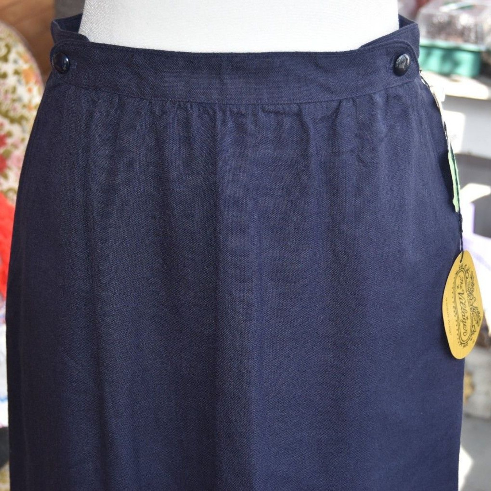 Vintage 80s 90s The Villager Navy Viscose Linen Midi Skirt NOS Size 10