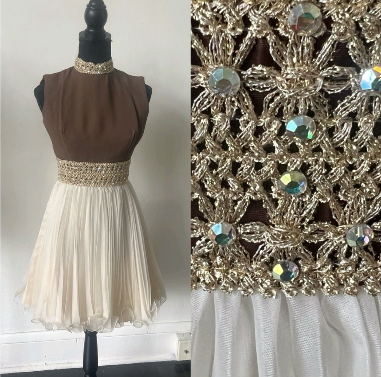 Vintage 1960’s Rhinestone Pleated Brown and Cream Mini Dress