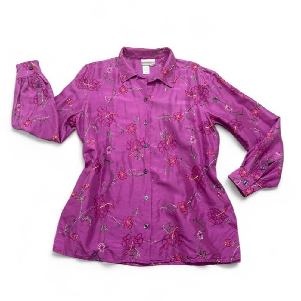 VTG Silk Blouse Embroidered Fairycore Coldwater Creek Floral Magenta Size M