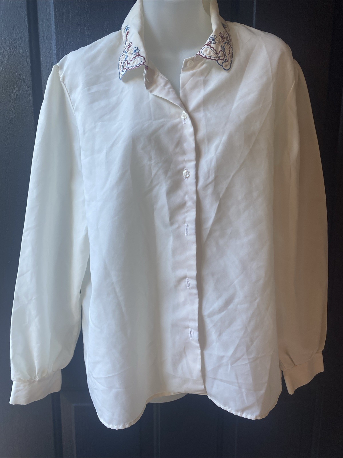 Vintage Inseparables Blouse Top Womens Sz 16 Embroidered Collar Ivory Flowy EUC