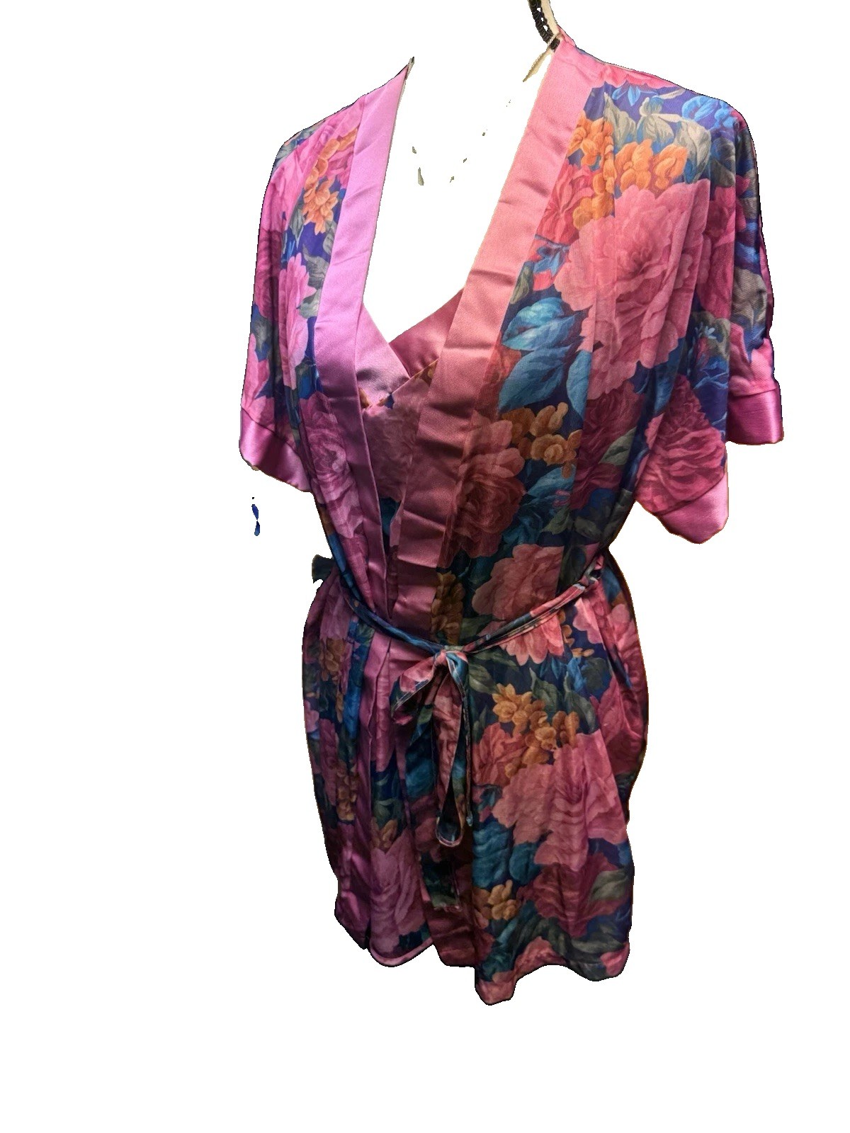 VTG Feather Bed Intimates Set Short Sleeve Floral Dressing Robe & Slip Dress S/M