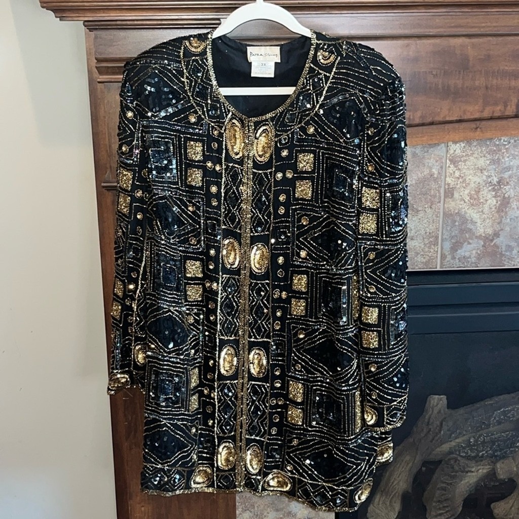 Vintage black and gold geometric beaded fancy silk formal evening jacket 1X