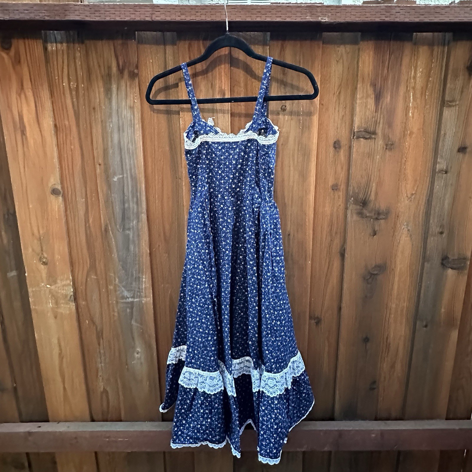 Gunne Sax 1970s Blue Prairie Maxi Dress Lace Trim Cotton Bohemian Vintage