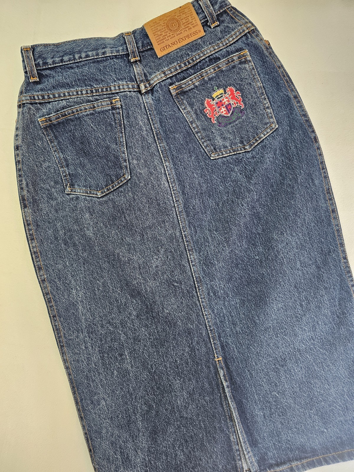 Vtg Rare Gitano Embroidered Crescent Pocket Pencil Denim Skirt Long 27 Waist