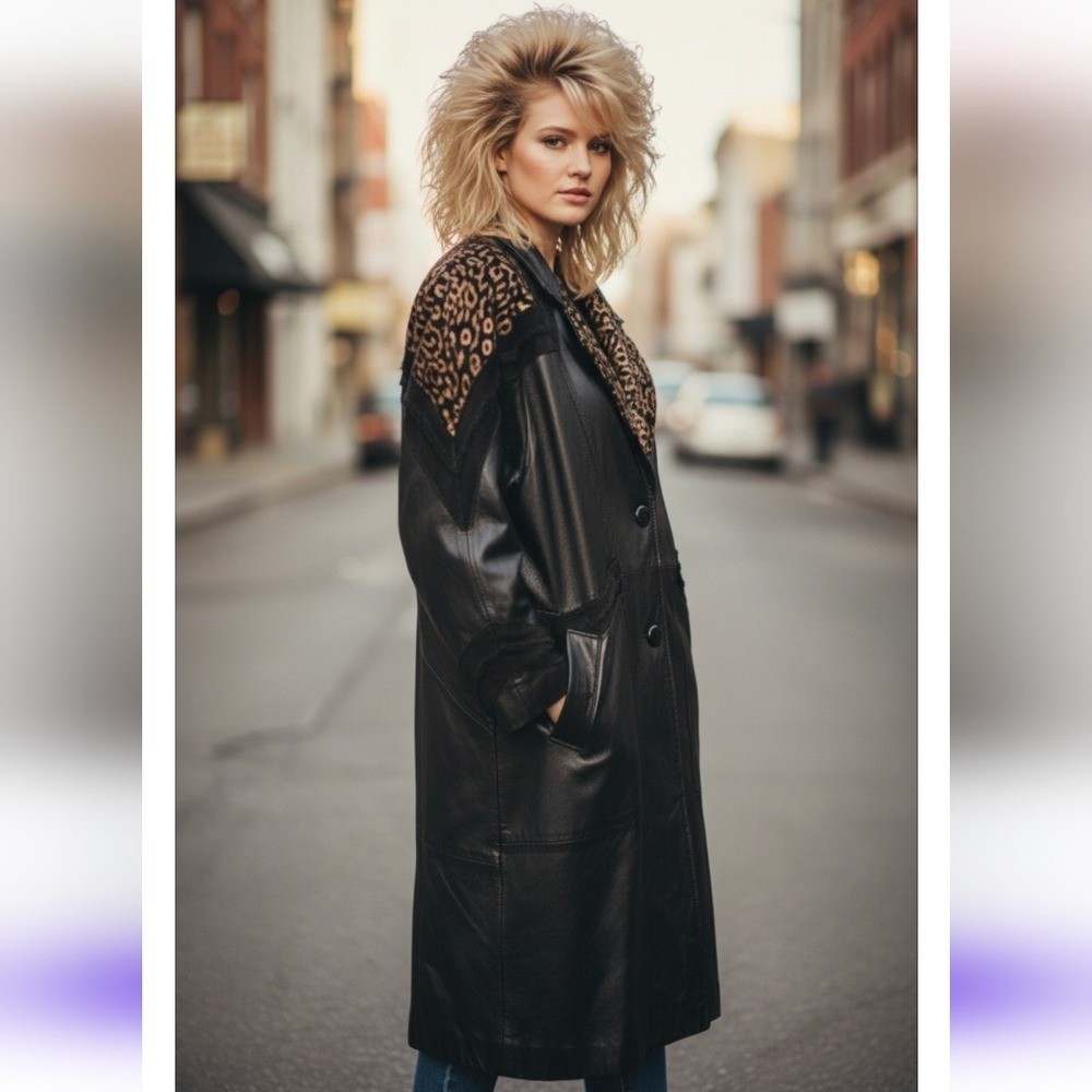 Vintage 80s JF J Ferrar Black Leopard Print Leather Suede Trench Coat Size Large