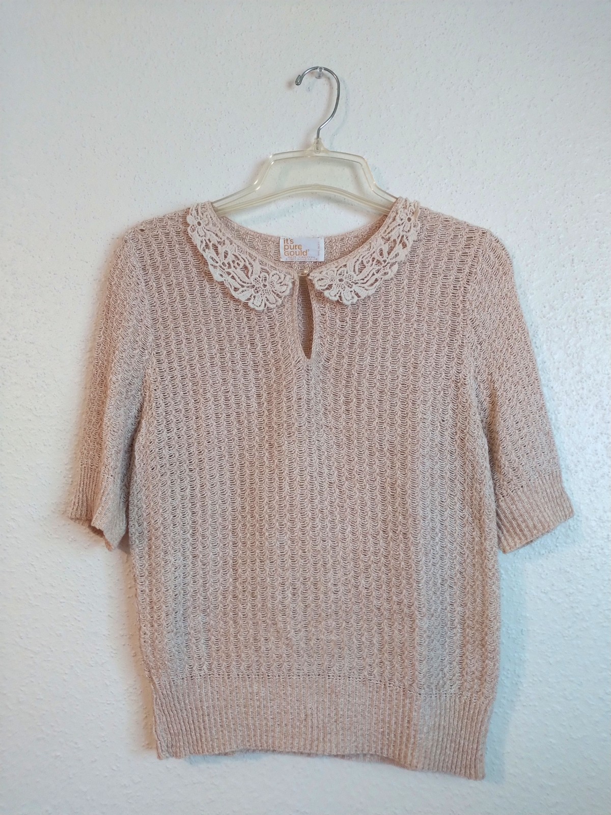 Vtg 70s Its Pure Gould Open Knit Top Womens Size Small Cream Crochet Collar