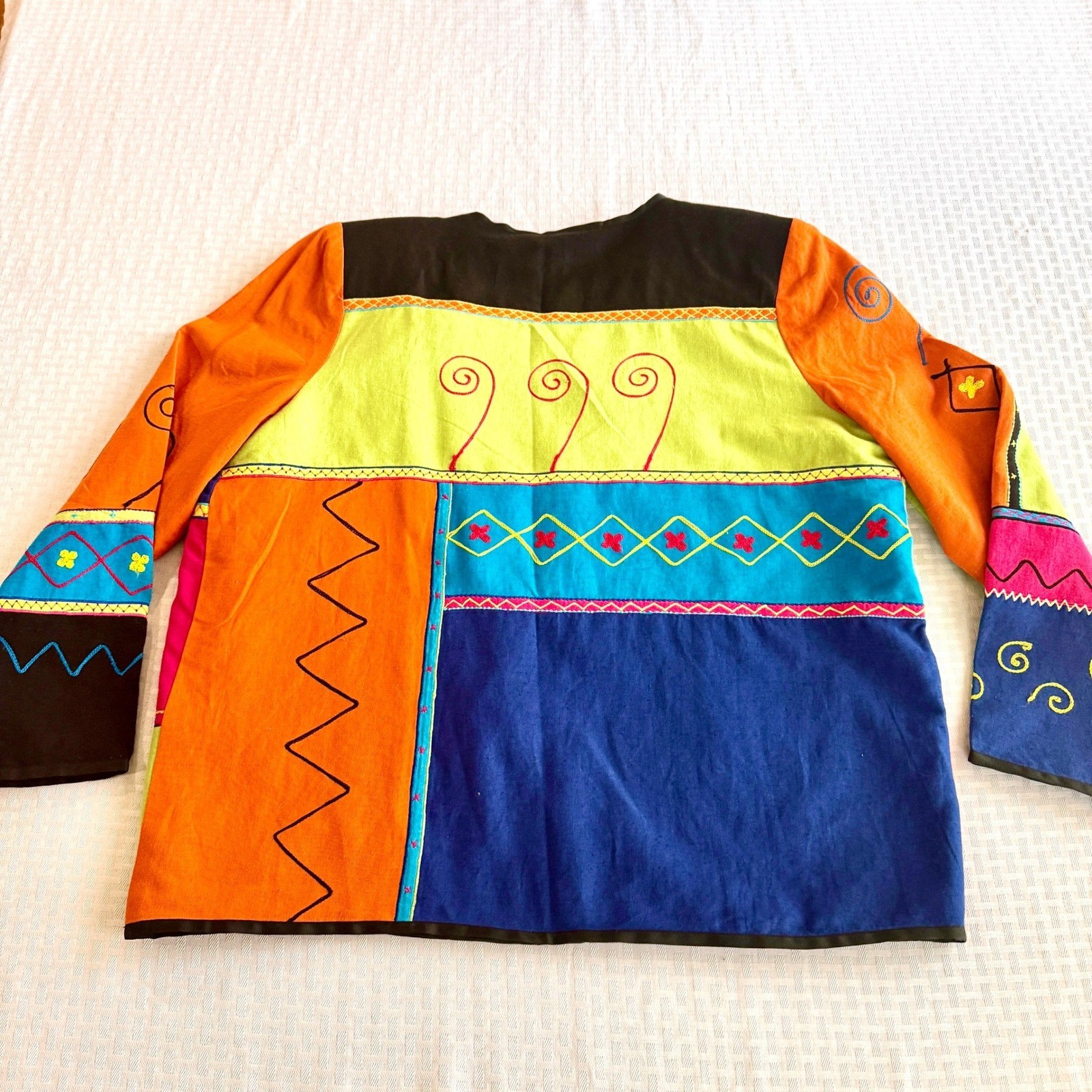 Indigo Moon Vintage Patchwork Jacket Womens Medium Embroidered Wearable Art Boho