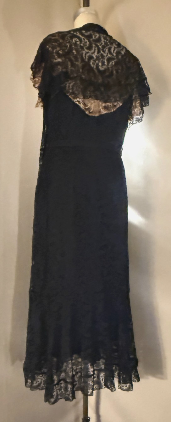 Vtg 1930s HOLLYWOOD DECO DRESS, 2 pc, ELABORATE ALENCON LACE w/ ILLUSION BODICE