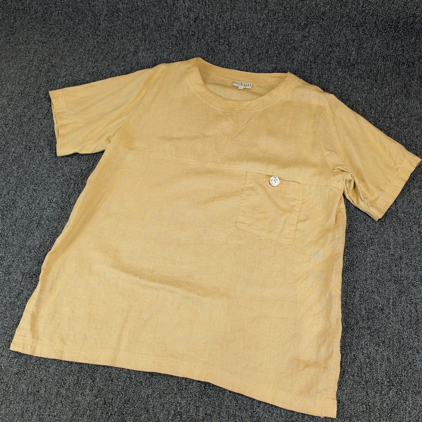 David Dart Women VTG Linen Shirt L Yellow Short Sleeve Pocket Boho Made in USA