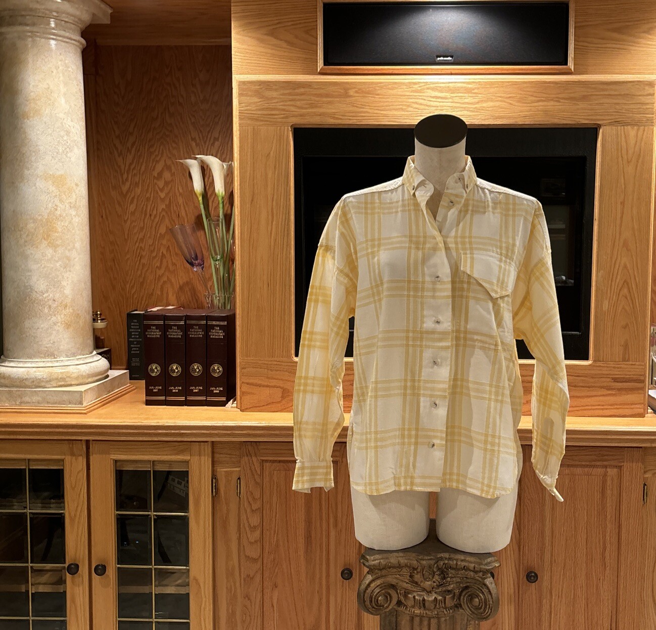 VINTAGE LIZ CLAIBORNE YELLOW & WHITE PLAID LONG SLEEVE BUTTON FRONT BLOUSE SZ M