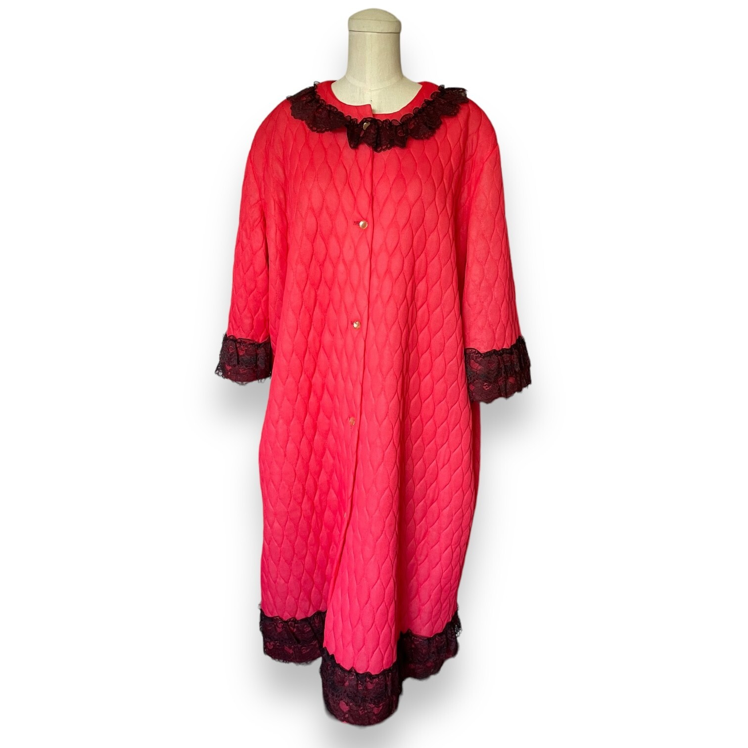 Vintage 50s 60s Paulette Red Quilted Loungewear Robe Black Lace Sz 16 House Coat