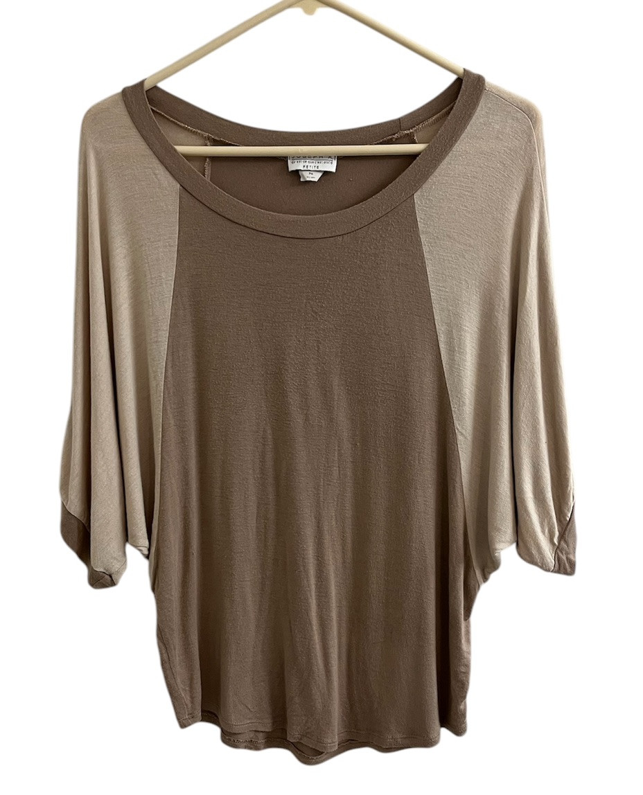 Vintage Joseph A Top Petite M Brown Tan Rayon Stretch 3/4 Batwing Sleeve