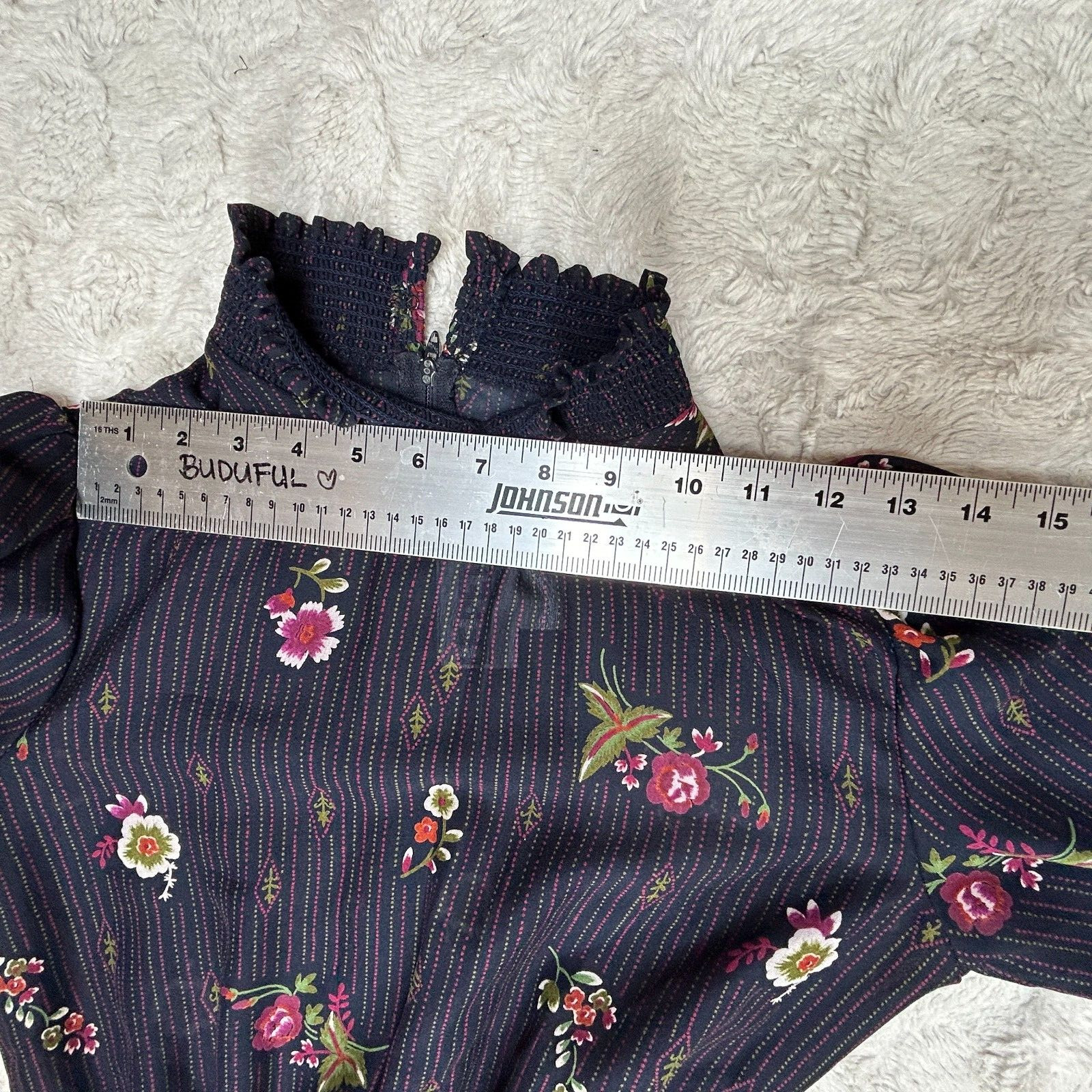 LF Petite Vintage Union Made Floral Print Mock Neck Ruffle Dress Size 6 Navy