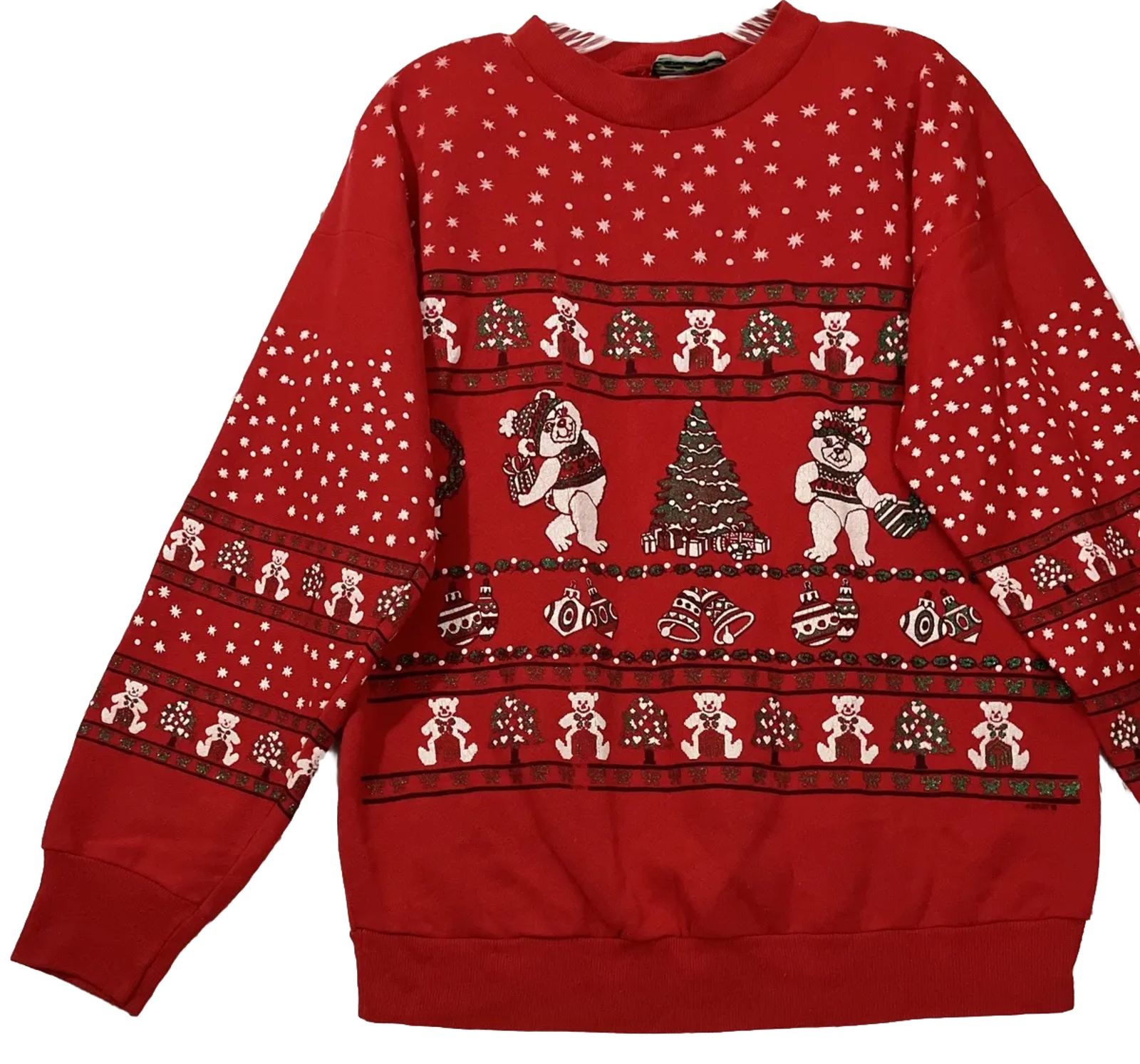 Vintage Sky Lite 80s Red Teddy Bear Christmas Crewneck Sweater Glitter Size M