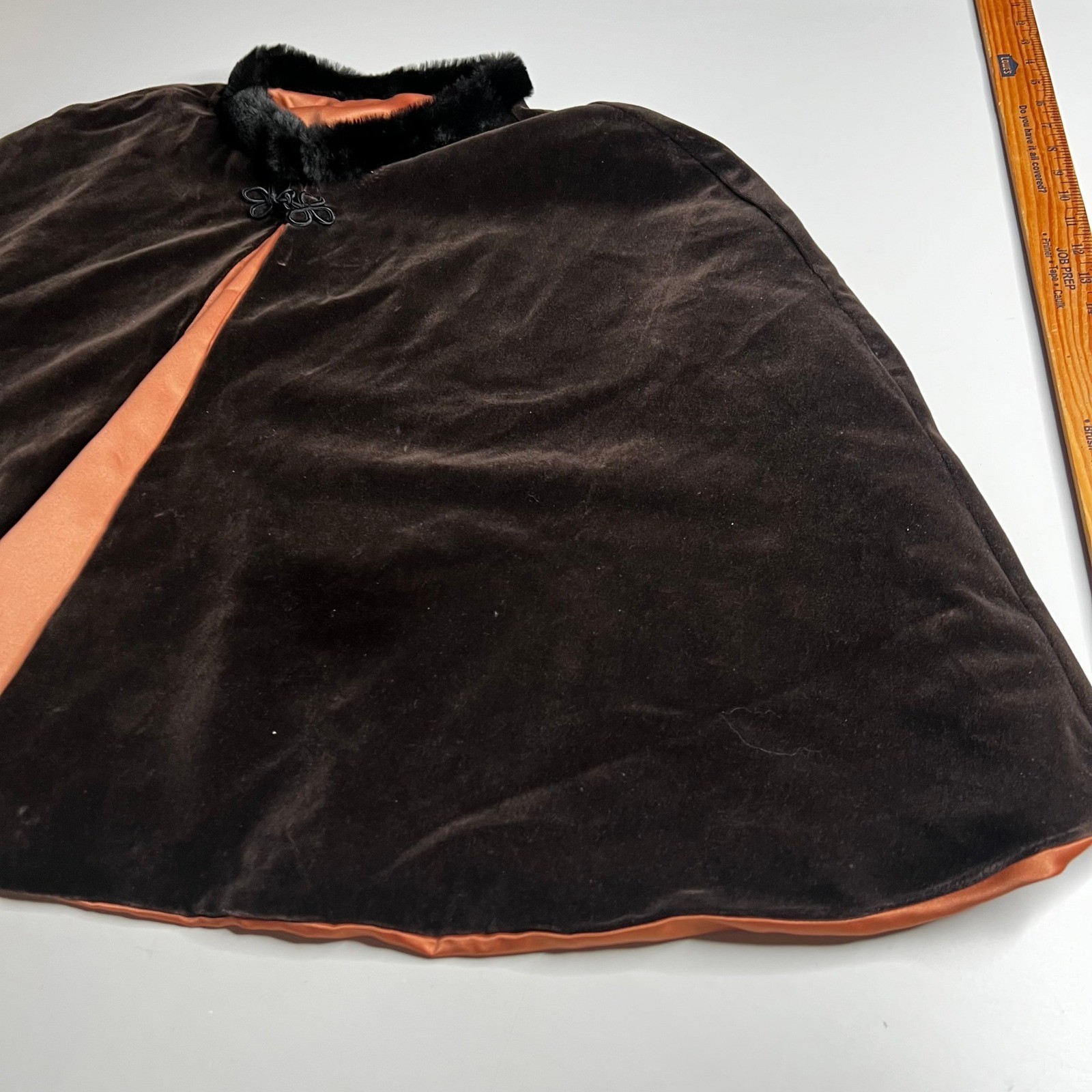 Vintage Brown Velvet Evening Cape Faux Fur Collar Frog Closure 1950s 1960s Wrap