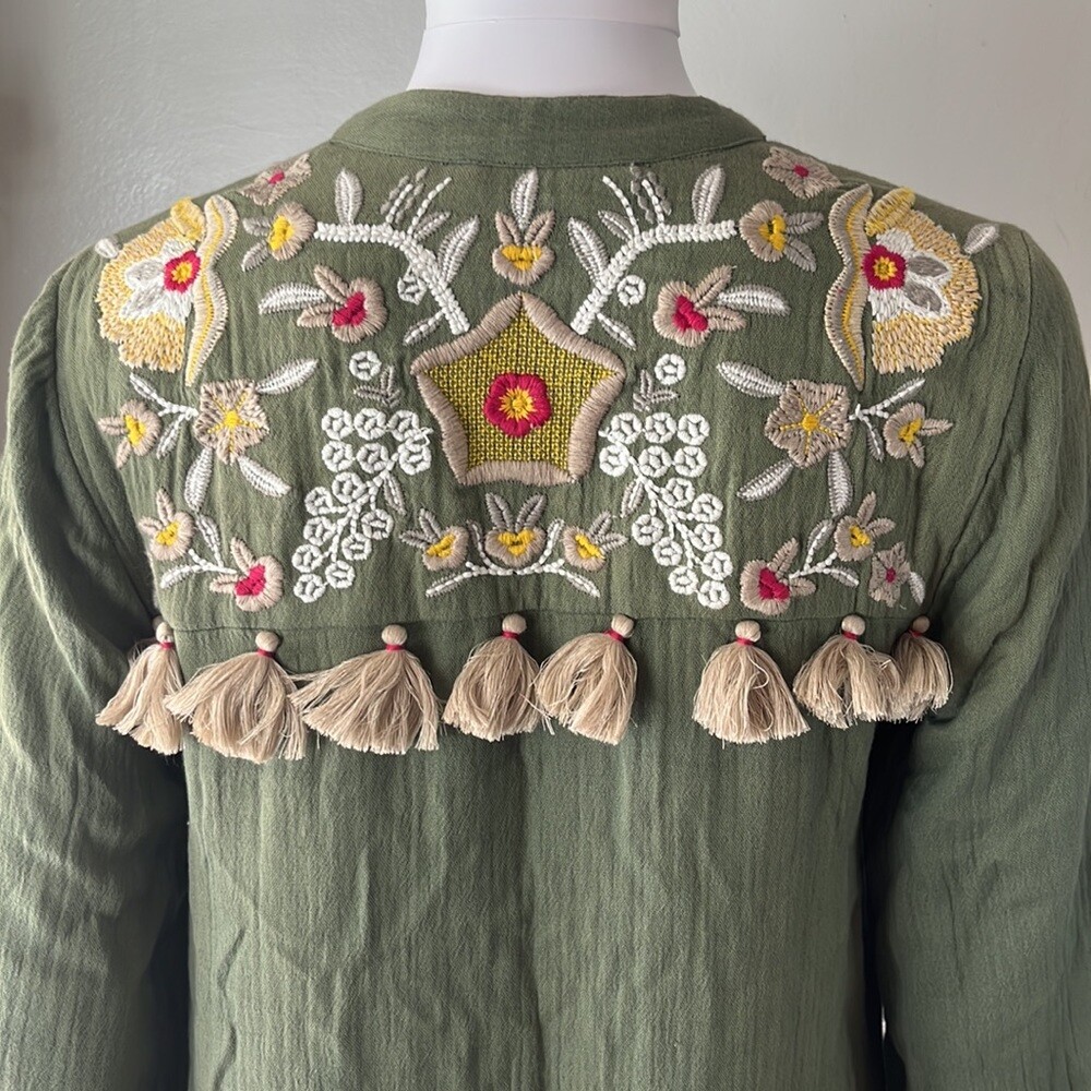 Soft Surrounding | Boho Embroidered Shift Dress Floral Tassels | Green |XS