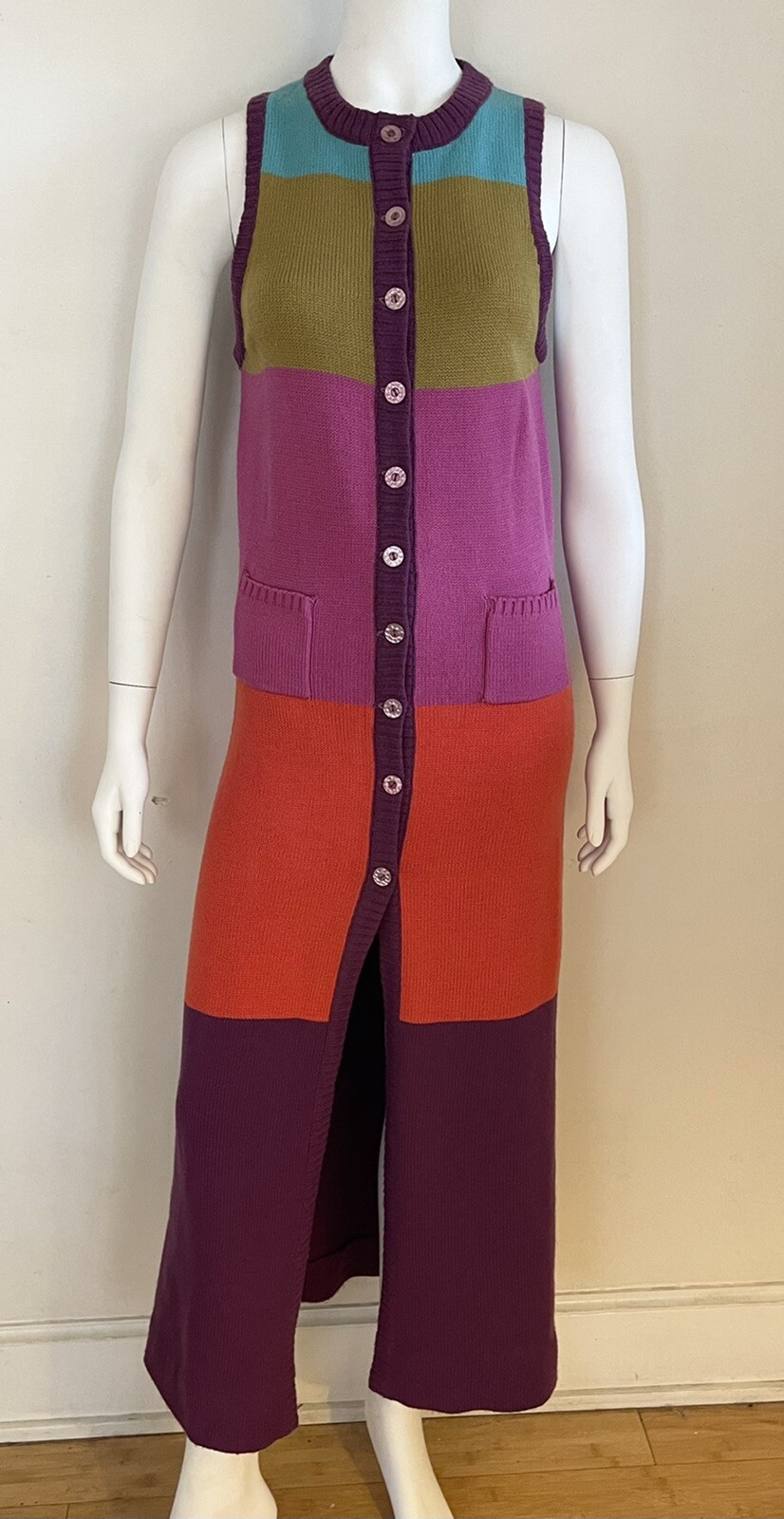Vintage 1970s Miss Pat Colorblock Striped Long Sweater Vest Small XS Rare Funky