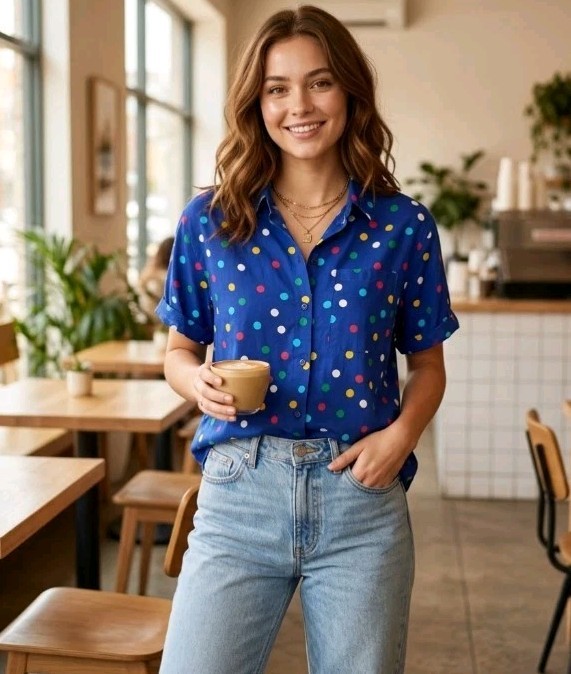 Women’s Vintage Impressions of California Blue Polka Dot Button Up Shirt Small