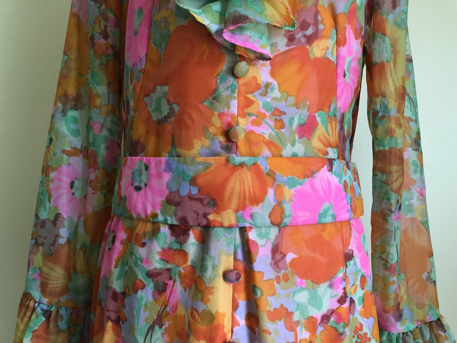 Vintage 70s Psychedelic Bright Pink Orange Floral Long Hippie Dress Sz Sm-Medium