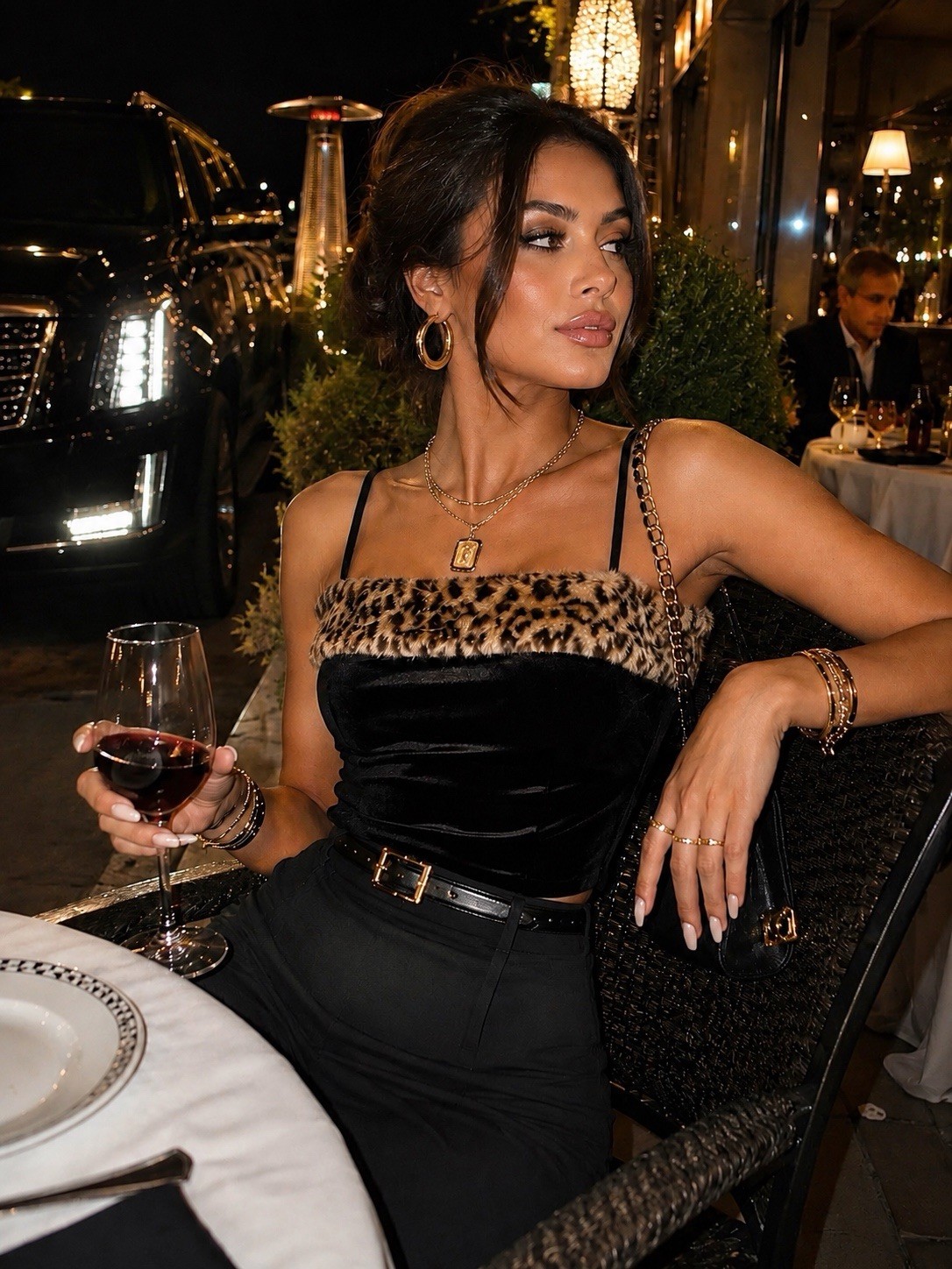 VTG 90s Y2K Velvet Leopard Faux Fur Trim Camisole club top Mob wife Black L