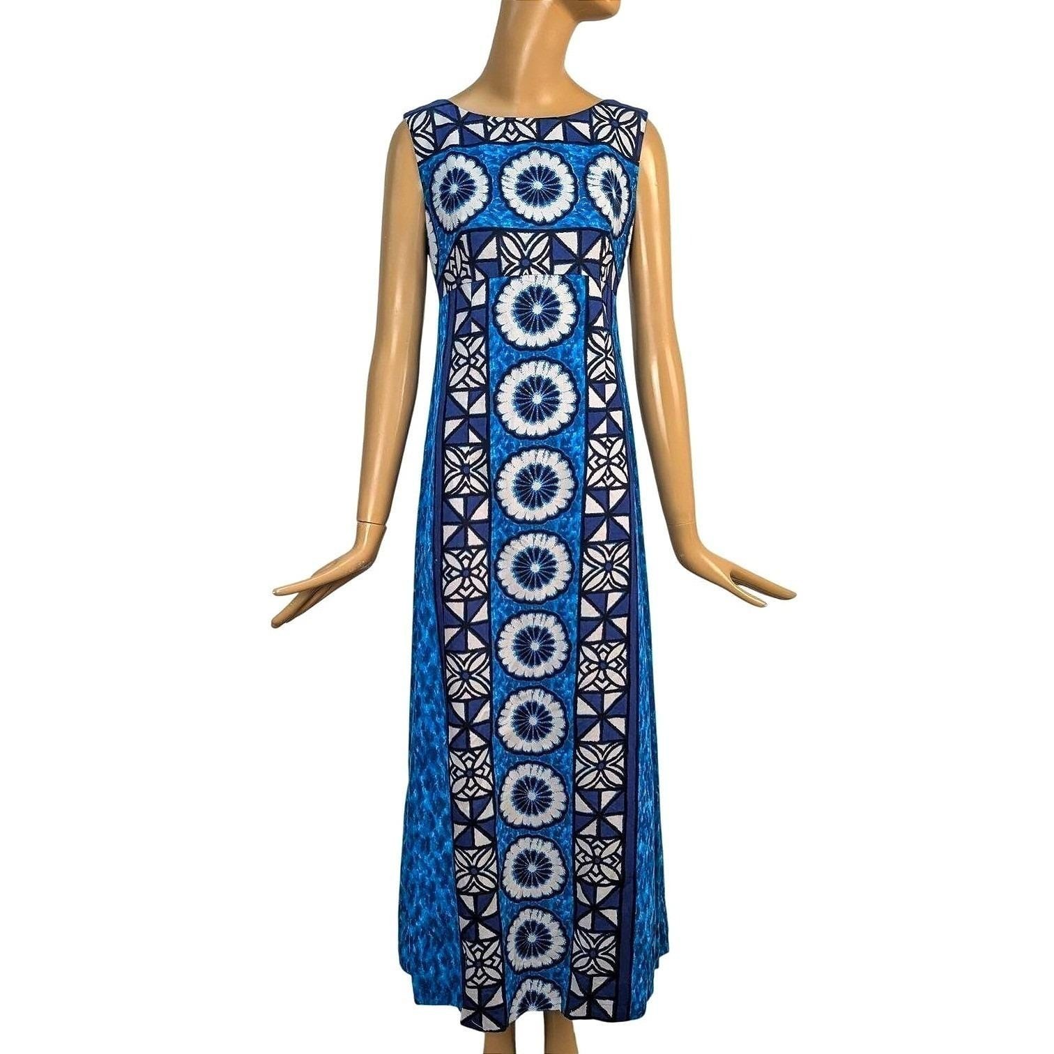Vintage Ui-maikai Tiki Blue Geometric Print Sleeveless Maxi Dress Boho 60s Mod