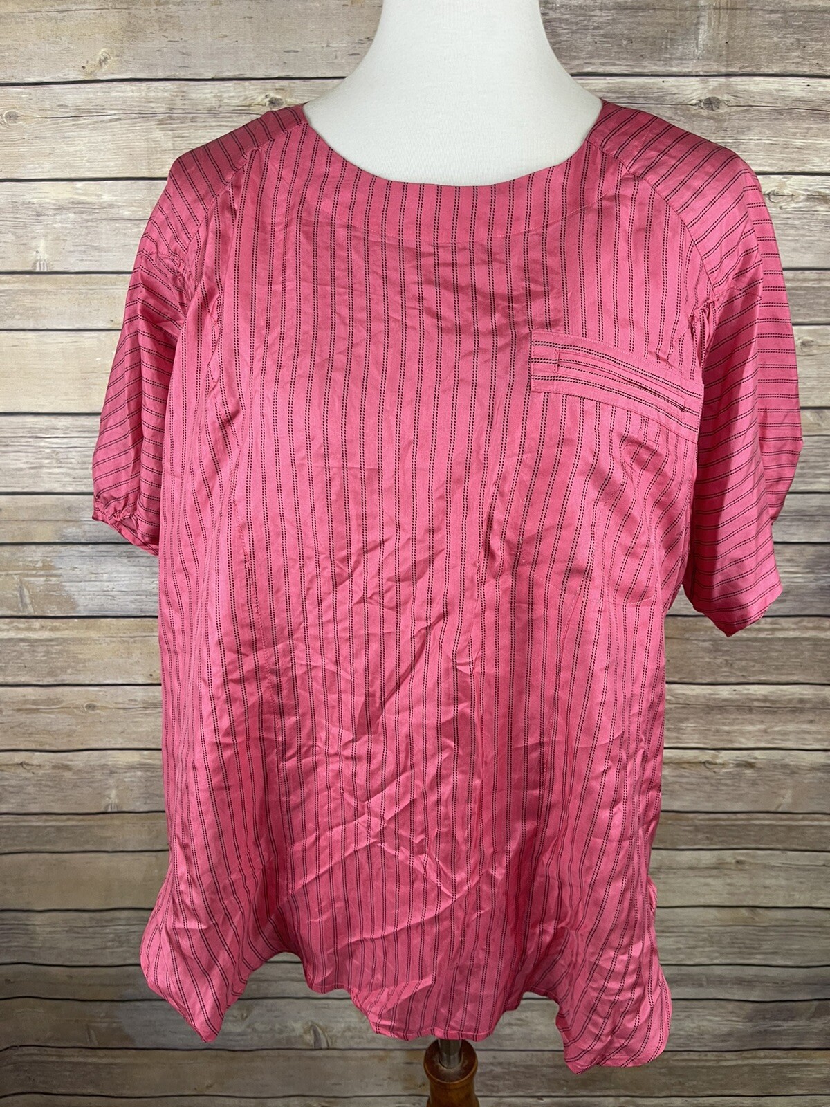Vintage Chaus Sport Large 100% Silk Blouse Pink Striped 80’s Short Sleeve Top