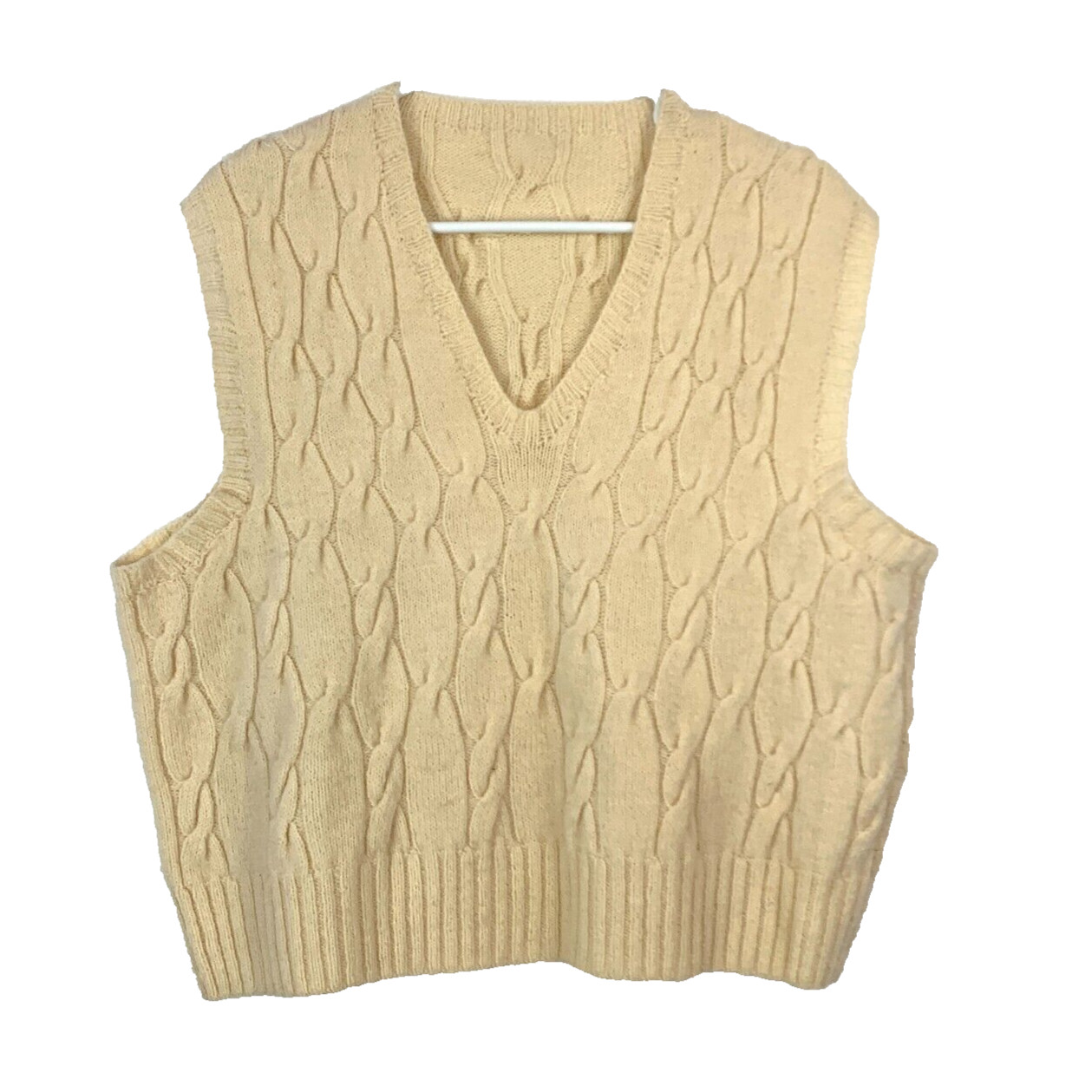 Vintage 70s Handmade Ivory Cable Knit V-Neck Sweater Vest Chest 22.5″