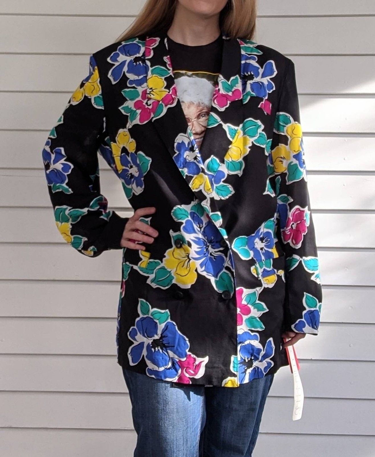 80s Black Floral Jacket Top Bright Print 8 New