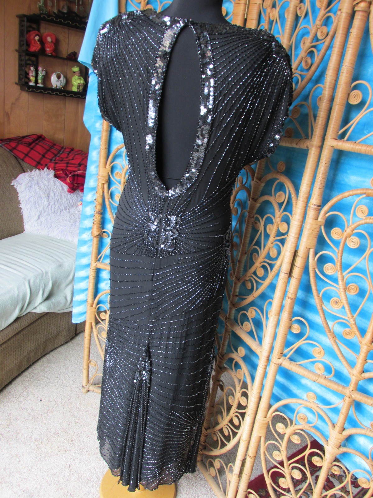 Vintage Para Black Silk Beaded Gown Sheath Keyhole Back Flared Hem SZ 10