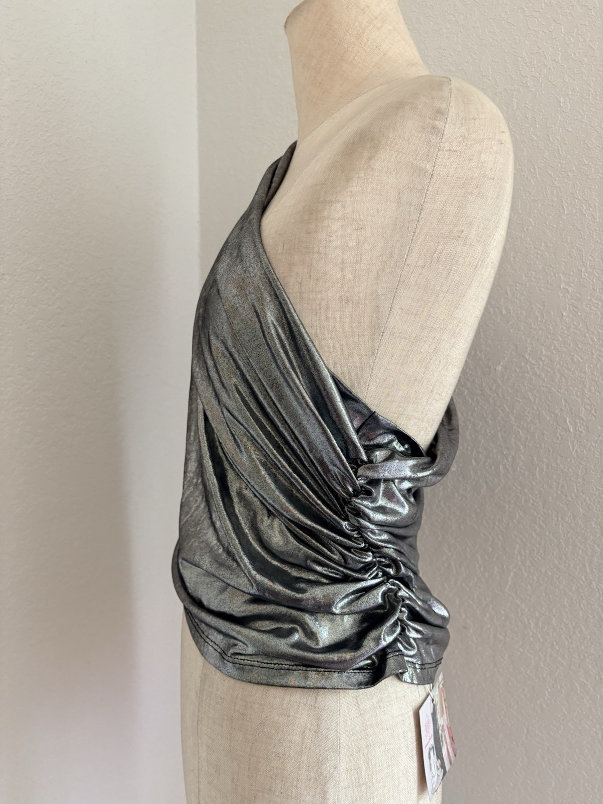 VTG WearEver Top One Shoulder Going Out Top Metallic Silver Lame Slinky Crop Y2K