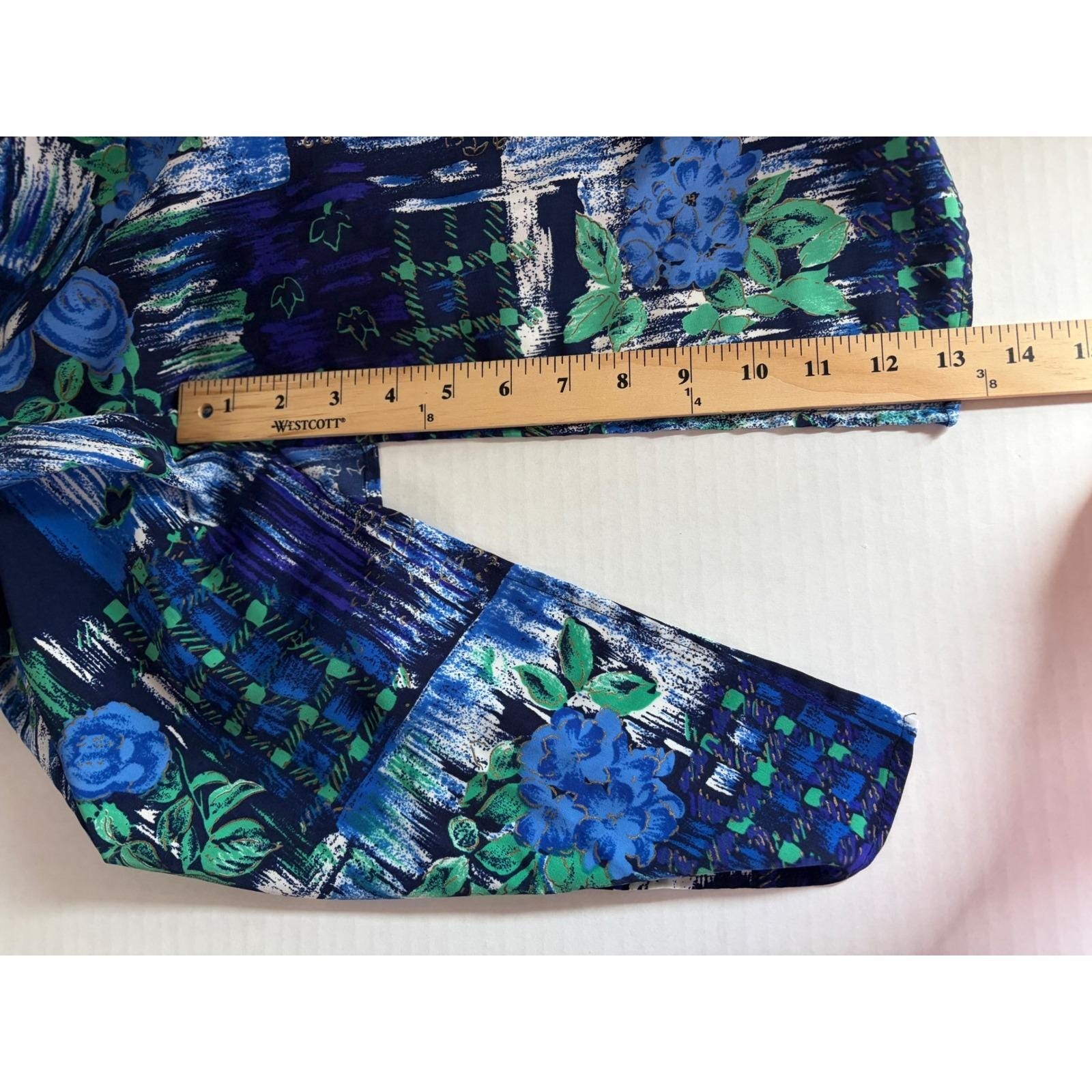 Kensington Square Vintage Blue Green Floral Abstract Midi Skirt Elastic Waist