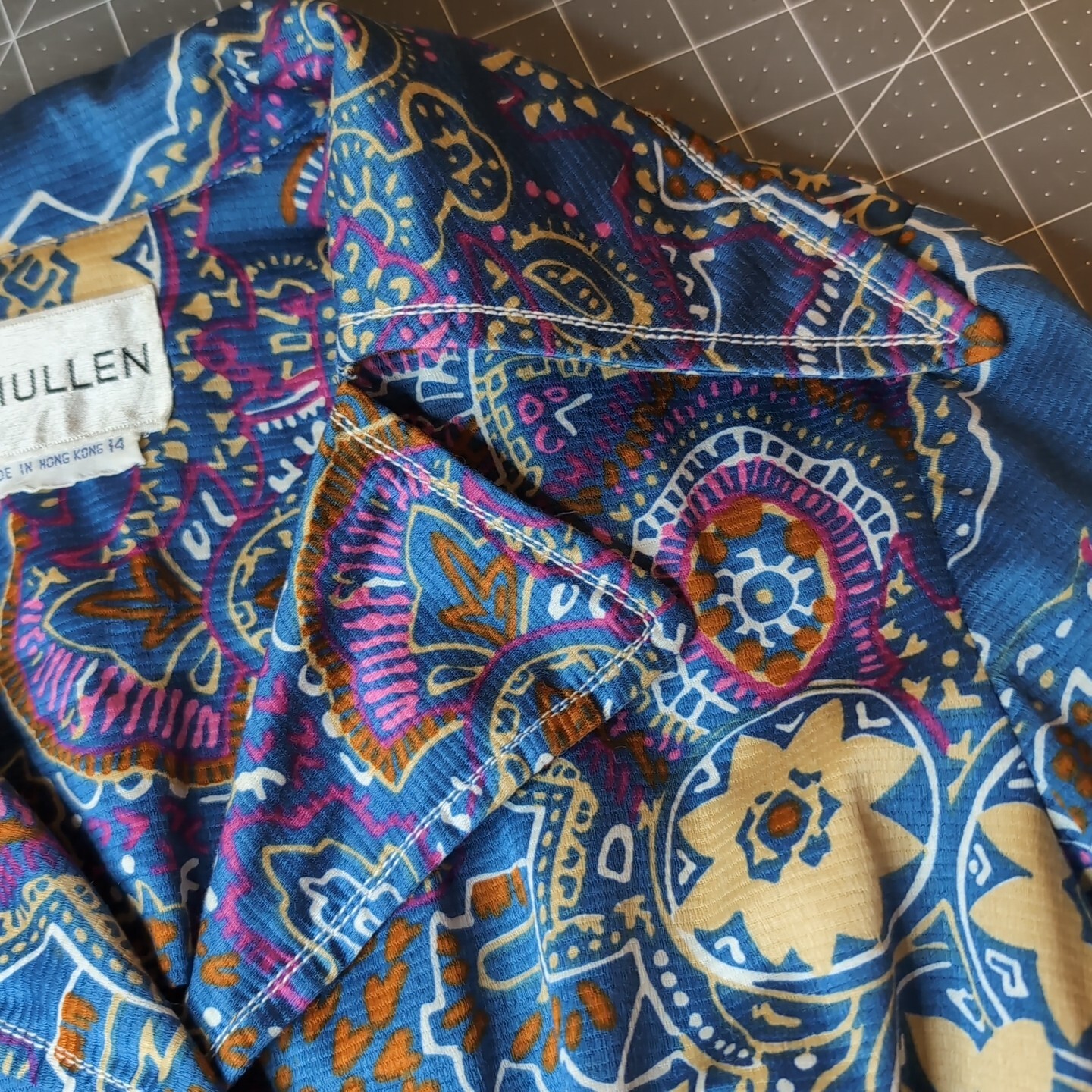 Vintage 1970s McMullen Shirtwaist Dress Blue Paisley Pattern Designer Big Collar