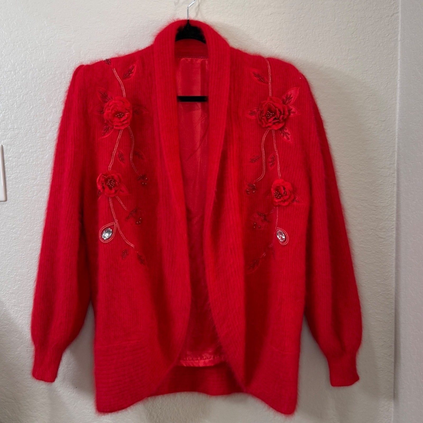 Vintage Red Fuzzy Knit Cardigan 3D Floral Beaded Rhinestone Lined Butter Soft