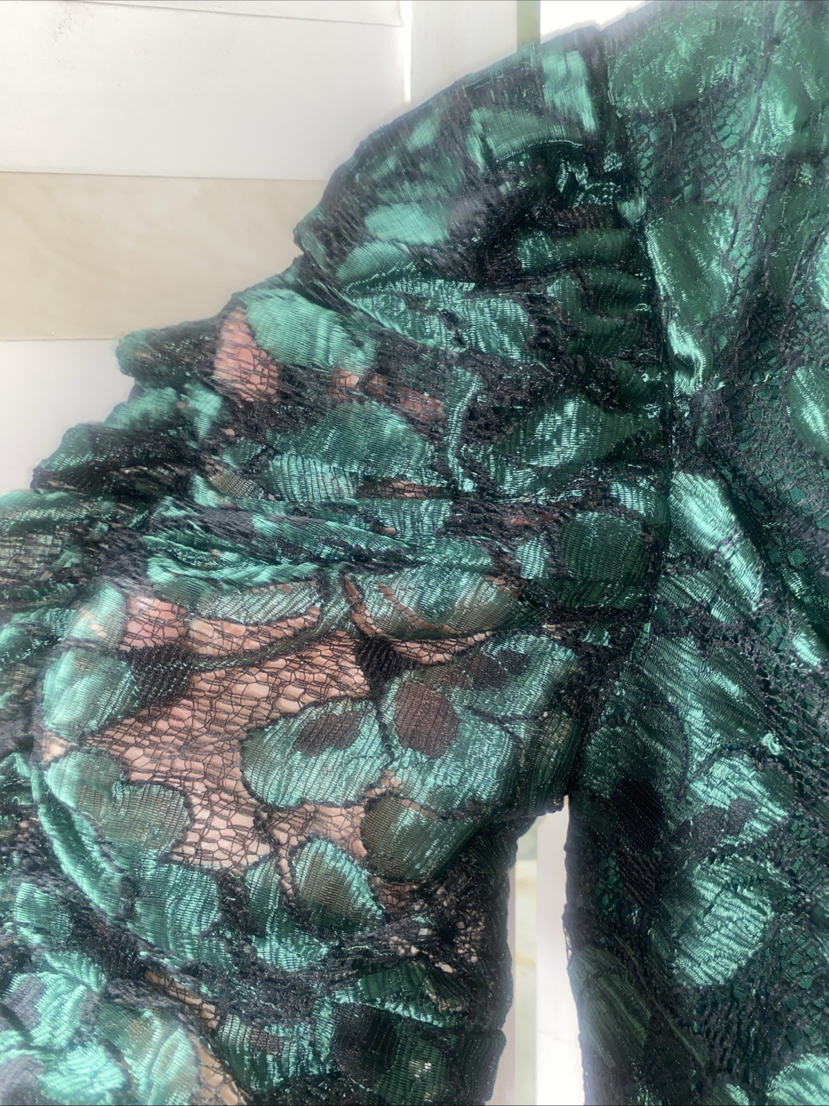 80s Atina Karon Crosby Green Taffeta Black Lace Cocktail Formal Dress Medium