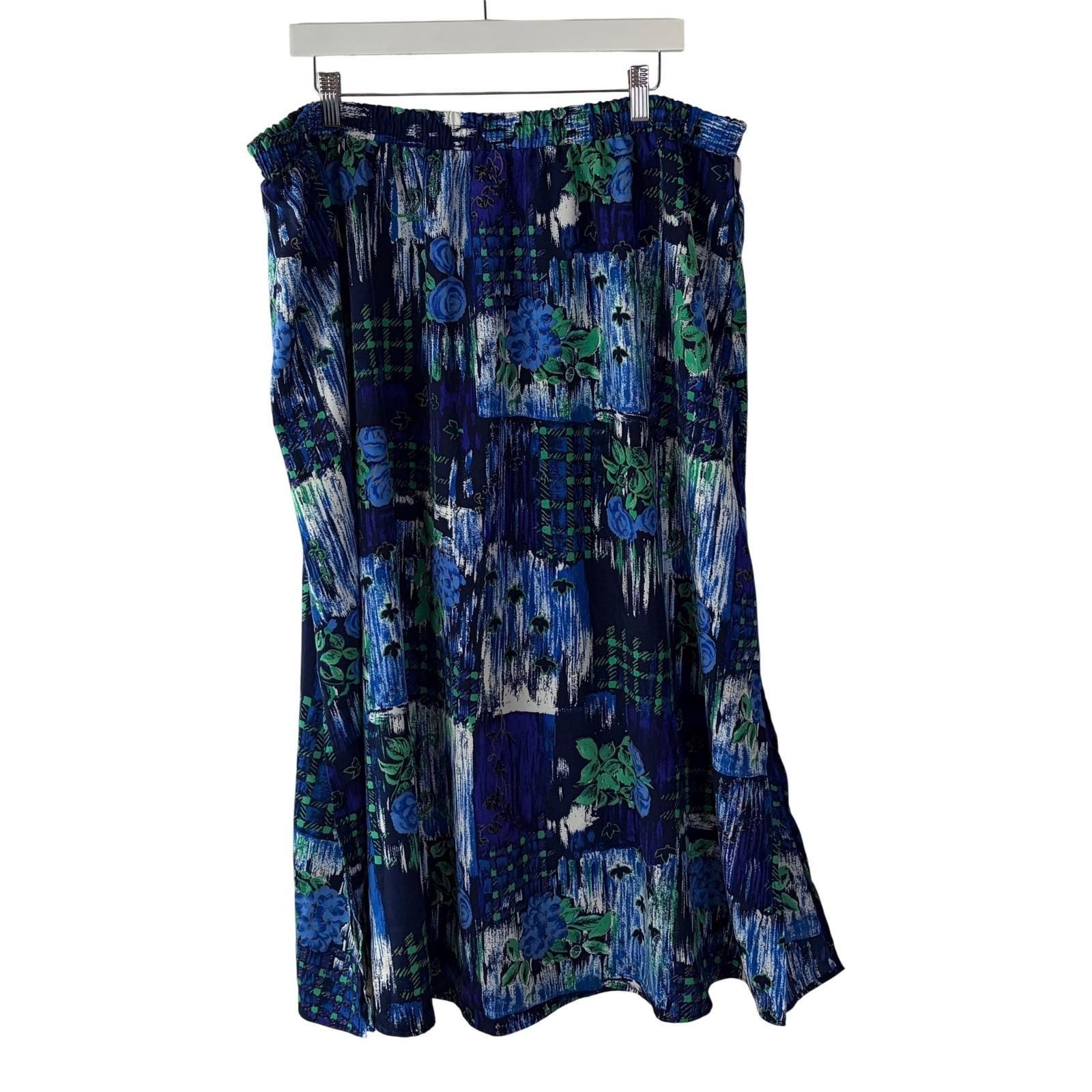 Kensington Square Vintage Blue Green Floral Abstract Midi Skirt Elastic Waist