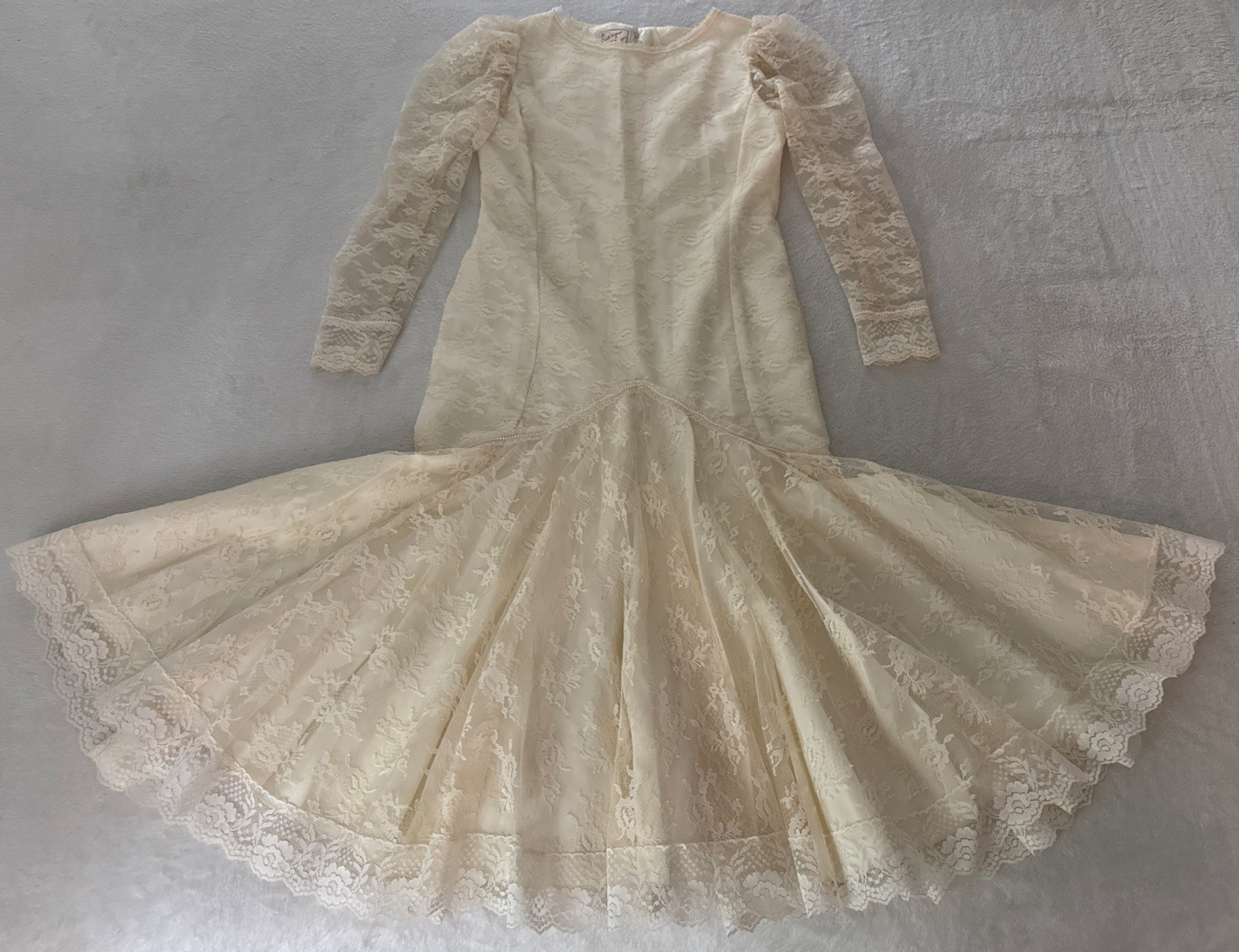 Vintage Handmade Ivory Mermaid Style Drop Waist Wedding Dress Lace Pearl S/M