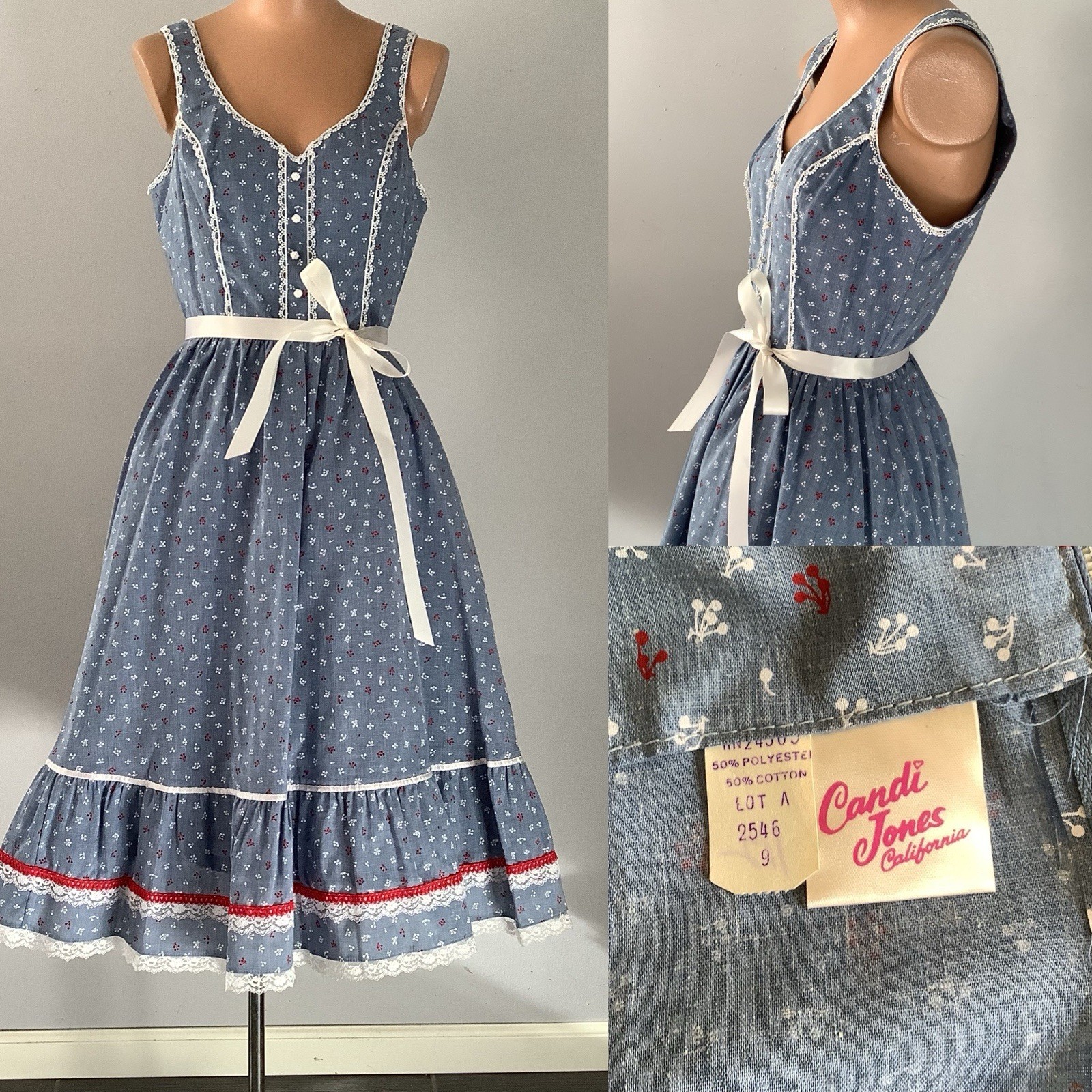 Vintage 970’s Candi Jones Of California Country Blue Calico Prairie Midi Dress