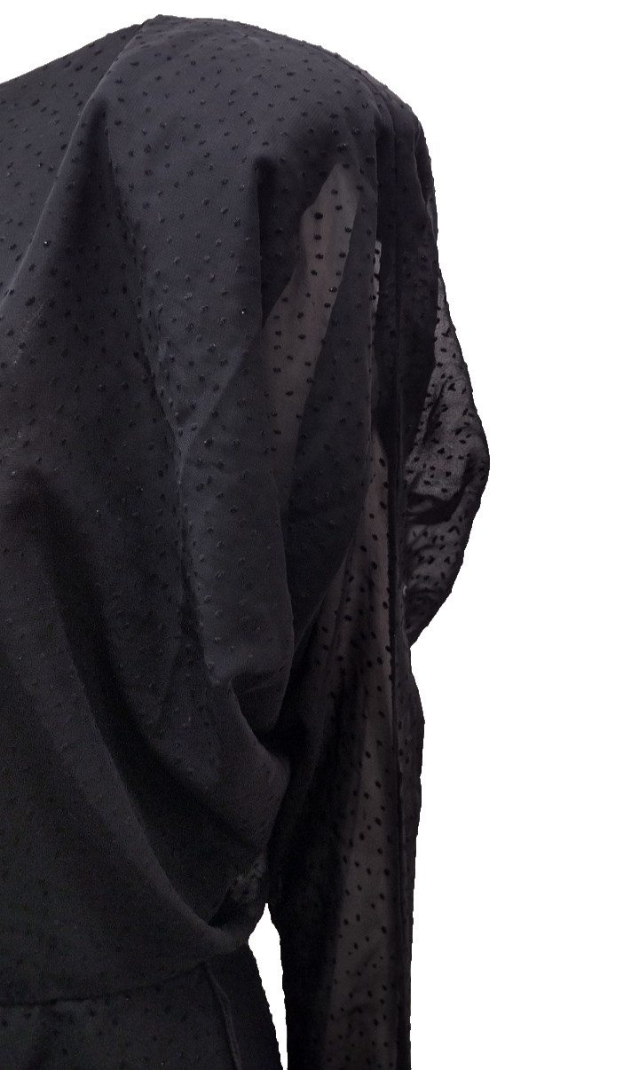 80s Batwing Sheer Chiffon Dress Black Flapper Scallop 80s Dolman Sleeves M/L