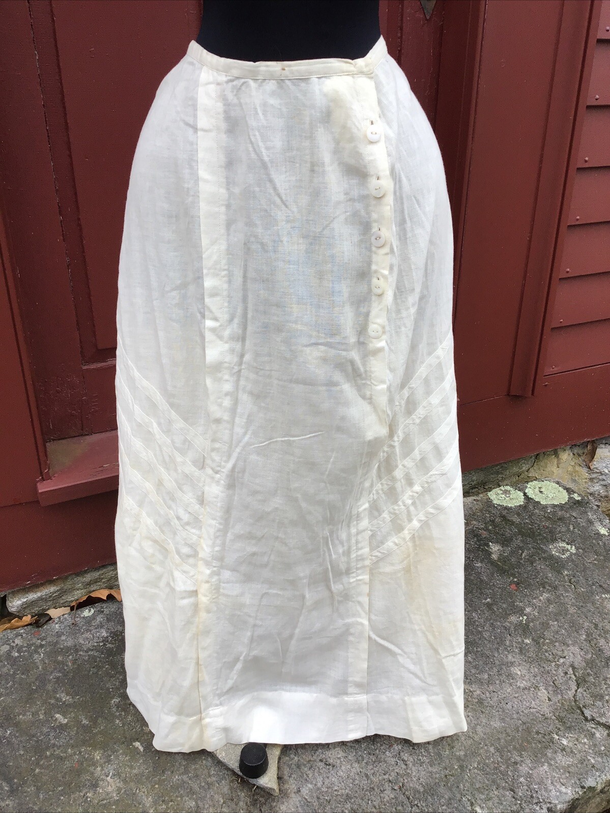 ANTIQUE EDWARDIAN LINEN MOTORING SKIRT ANGULAR PIN TUCKS, FRONT PLEATS, EXC COND