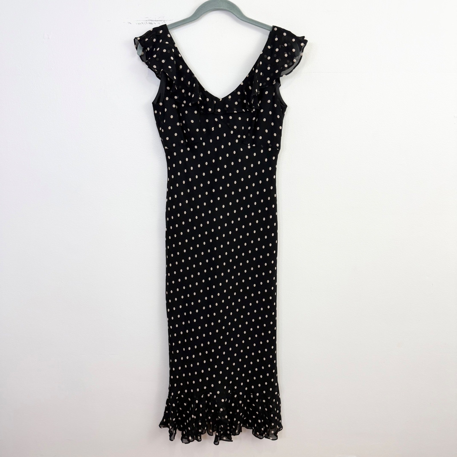 Vintage Evan-Picone Black Polka Dot Ruffle Midi Dress Size 4