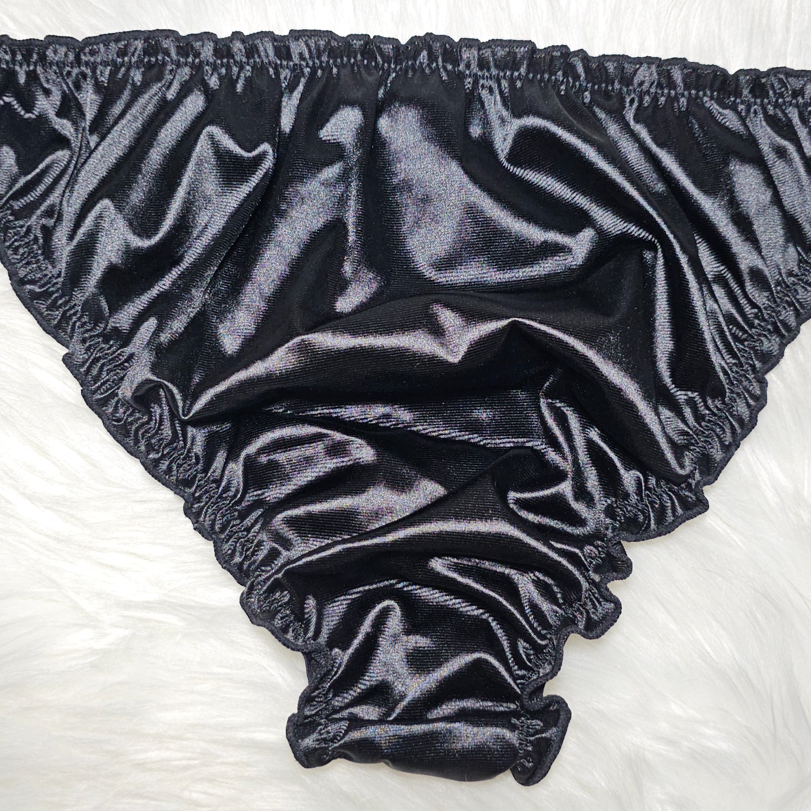 Glossy Nylon Satin Panty Liquid Black Bikini Sissy Ruffle Brief Sz. 8 Hip 40-44″